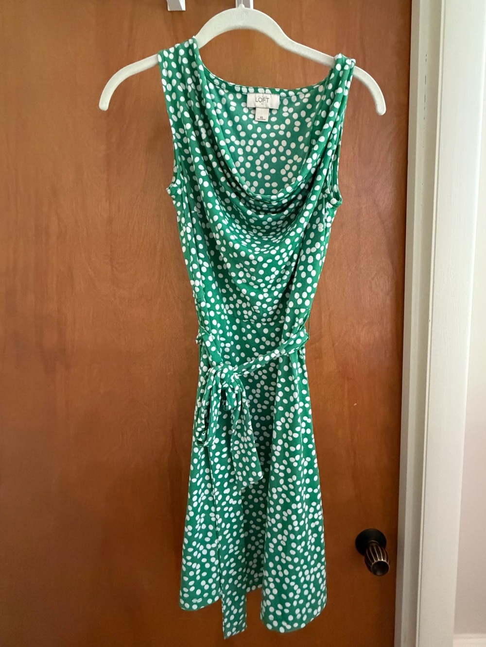 LOFT Green and White Polka Dot Cowl Neck Midi Dress